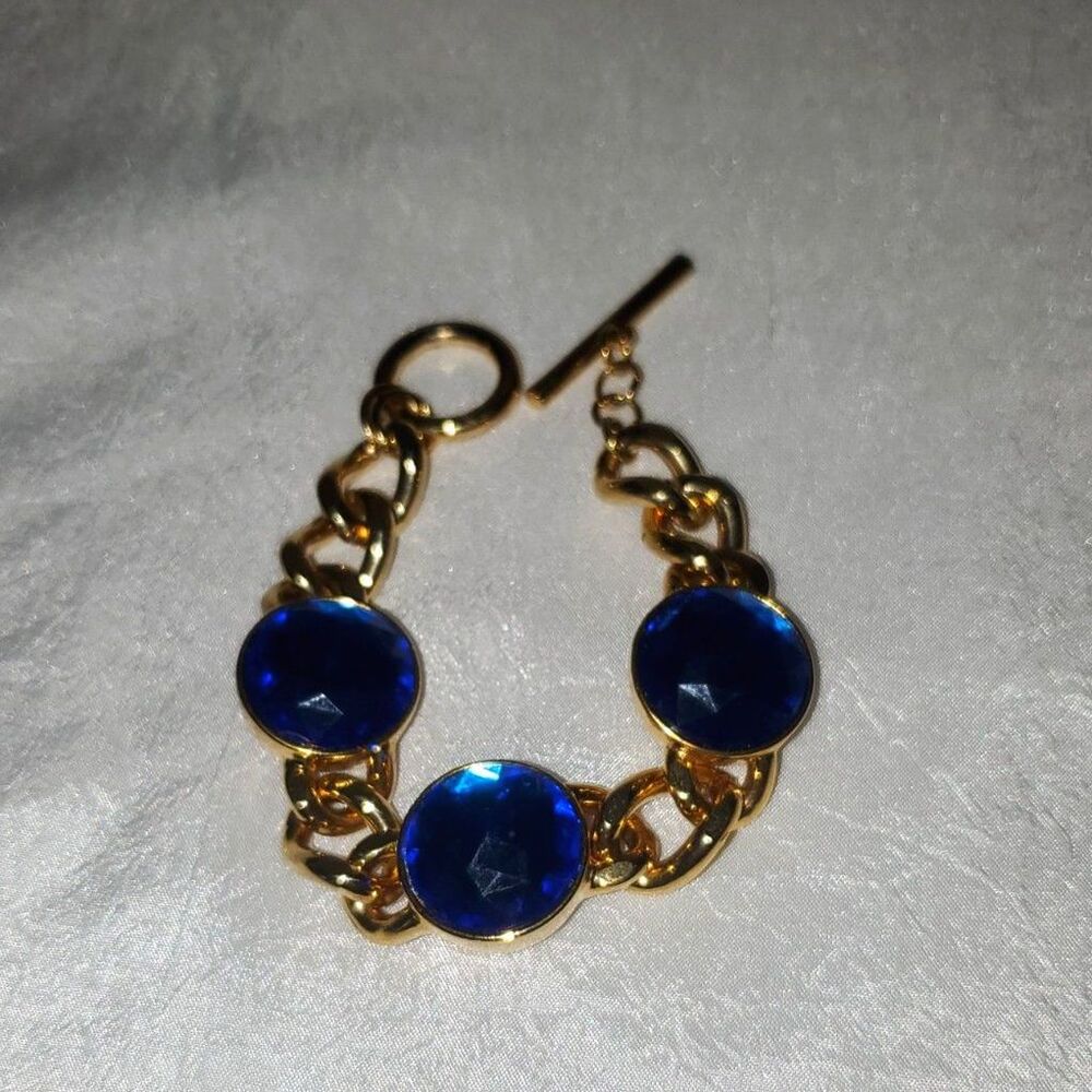 A Sapphire Blue and Gold Tone Chain Bracelet Chunky Mob Wife Style Statement